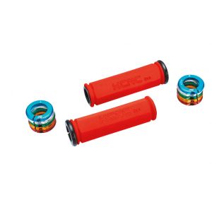 lock-on Handlebar grip, red with ygreen alloy lock ring